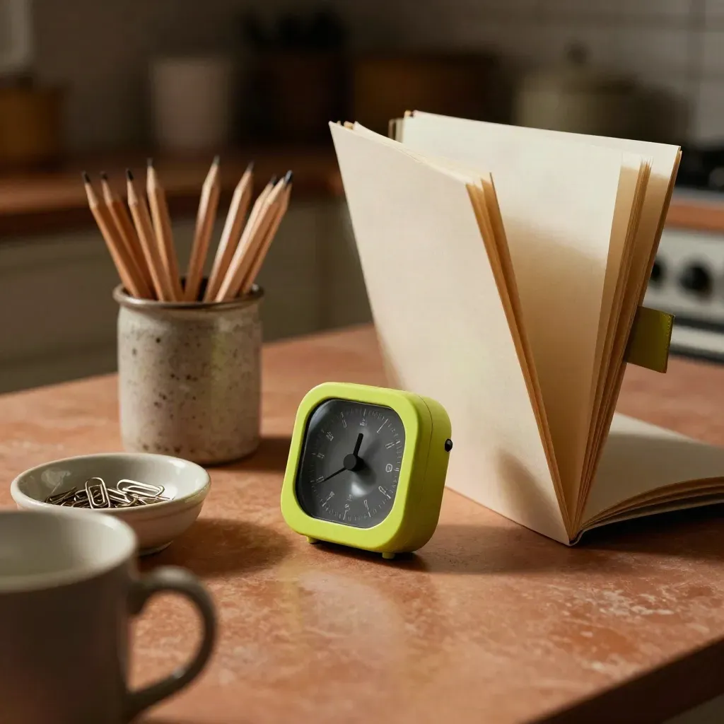 Minutnik, kubek na ołówki, folder ćwiczeń i miska spinaczy na kuchennym blacie.