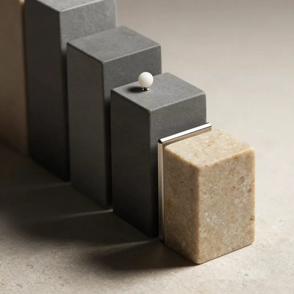 Modułowe bloki, pin i metalowy spacer układają się w diagonalną kolumnę na jasnym tle.