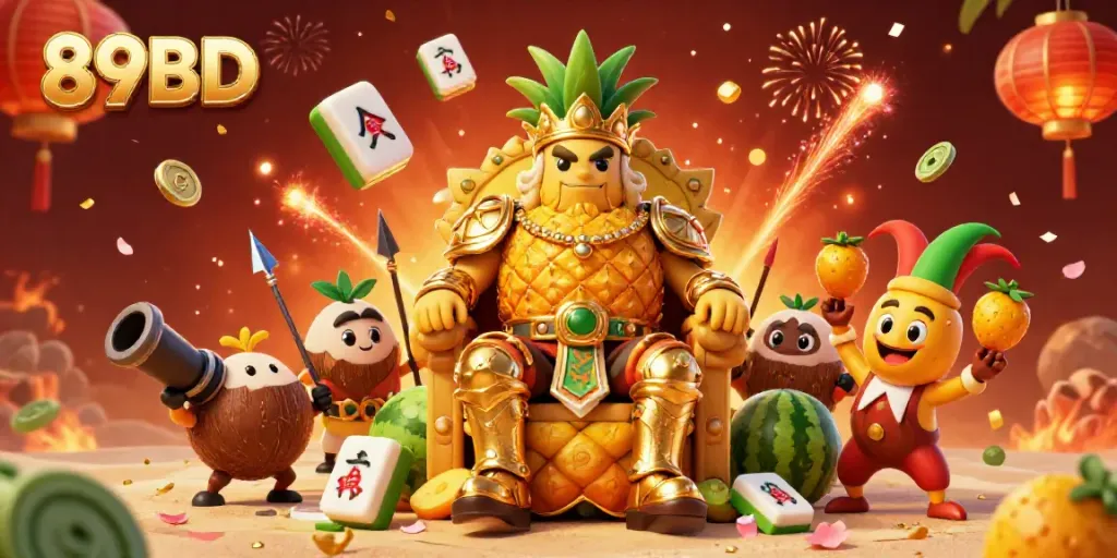 Engage with 89BD's vibrant casino adventure, featuring a golden pineapple king in a festive beach setting.