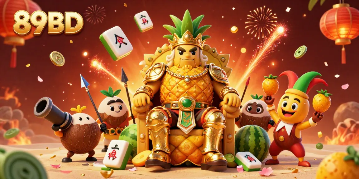 Engage with 89BD's vibrant casino adventure, featuring a golden pineapple king in a festive beach setting.