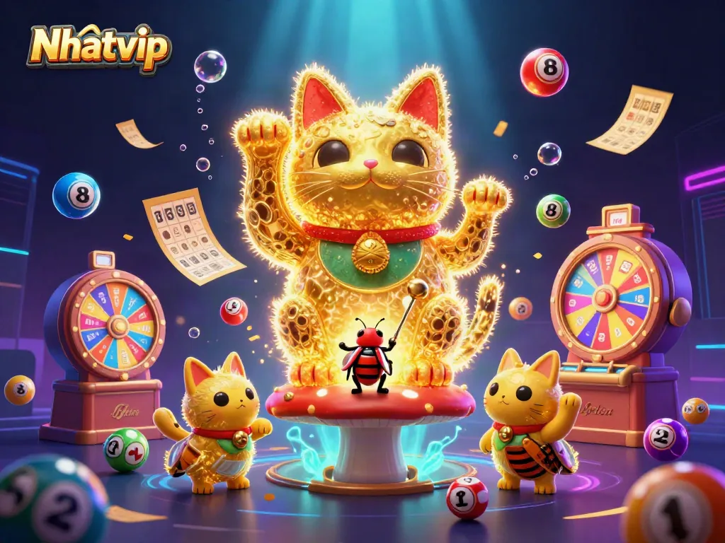 Nhatvip showcases a magical lucky cat made of golden fireflies attracting colorful lottery balls amid radiating casino symbols.