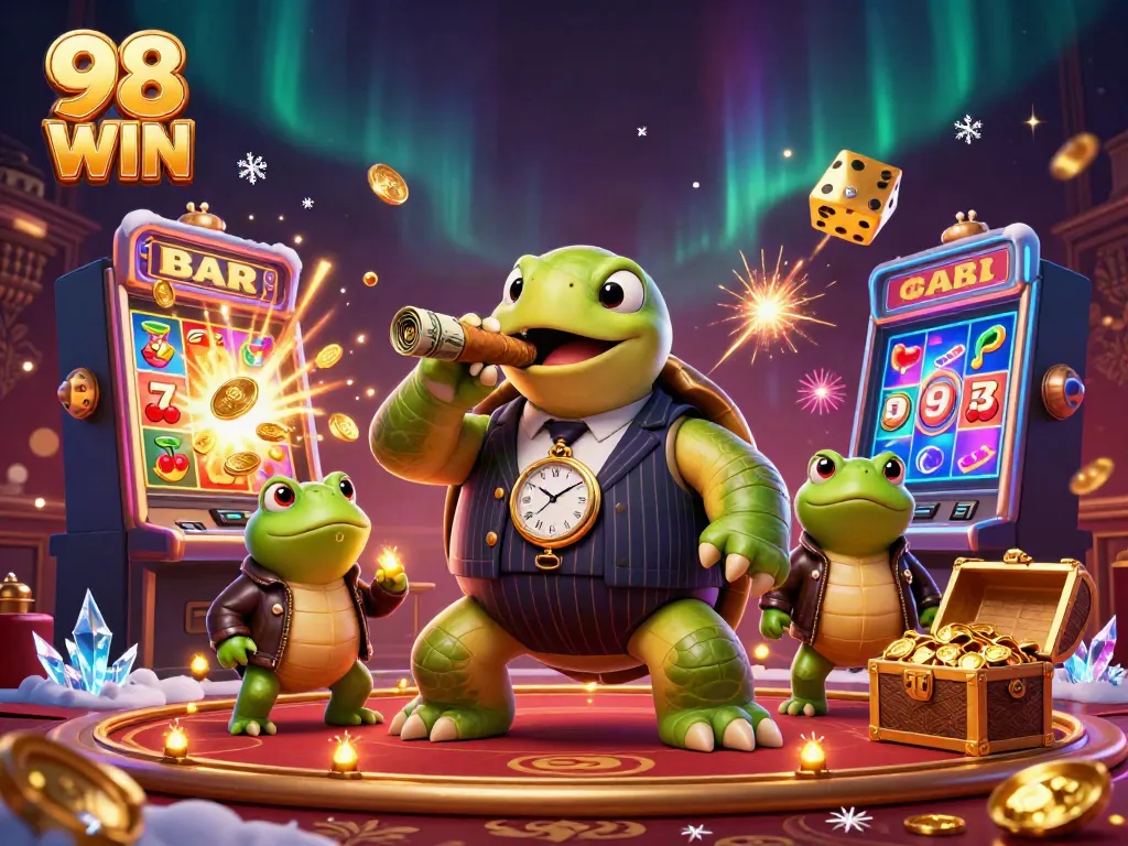 Experience the thrilling excitement of 98 WIN with a vivid casino scene featuring unique characters and elements bursting with energy.
