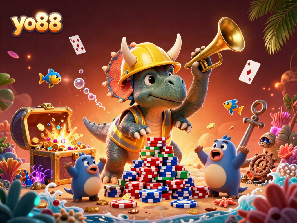 Engage in thrilling gameplay at yo88, where a triceratops builds poker chip pyramids with vibrant underwater treasures.