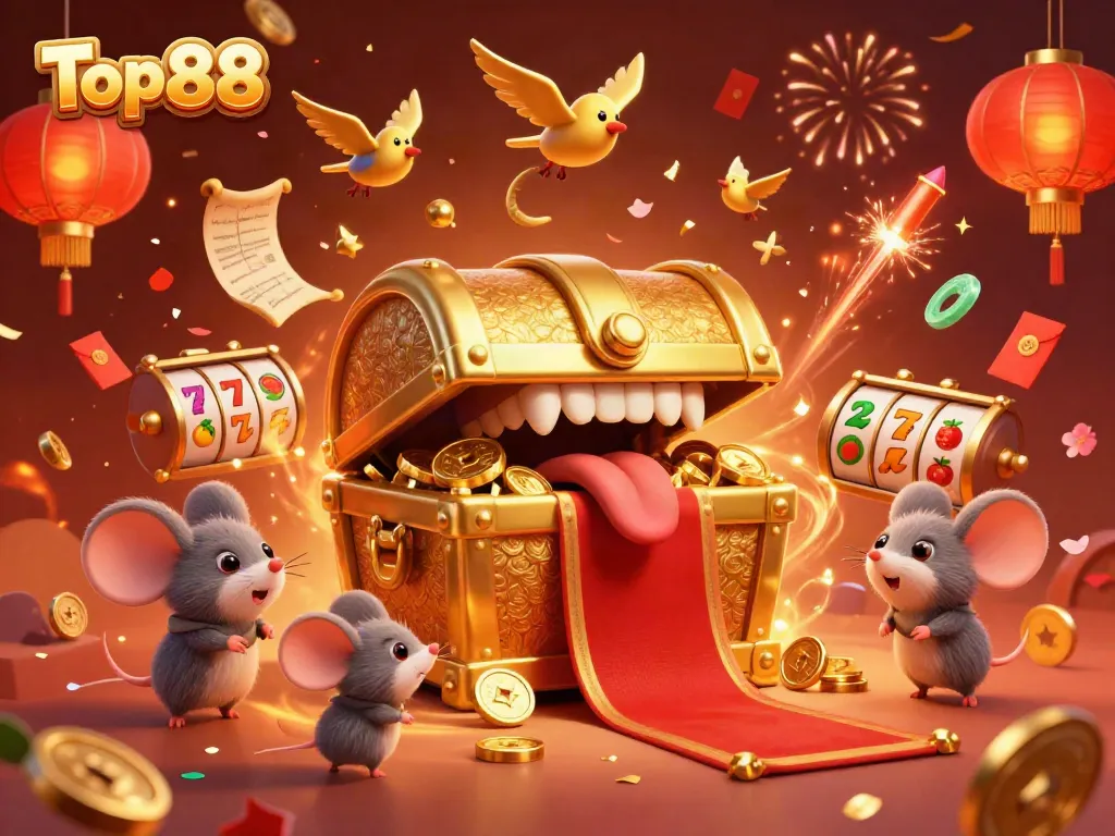 Jackpot excitement at Top88 with dynamic casino-themed illustration featuring lucky symbols and festive elements.