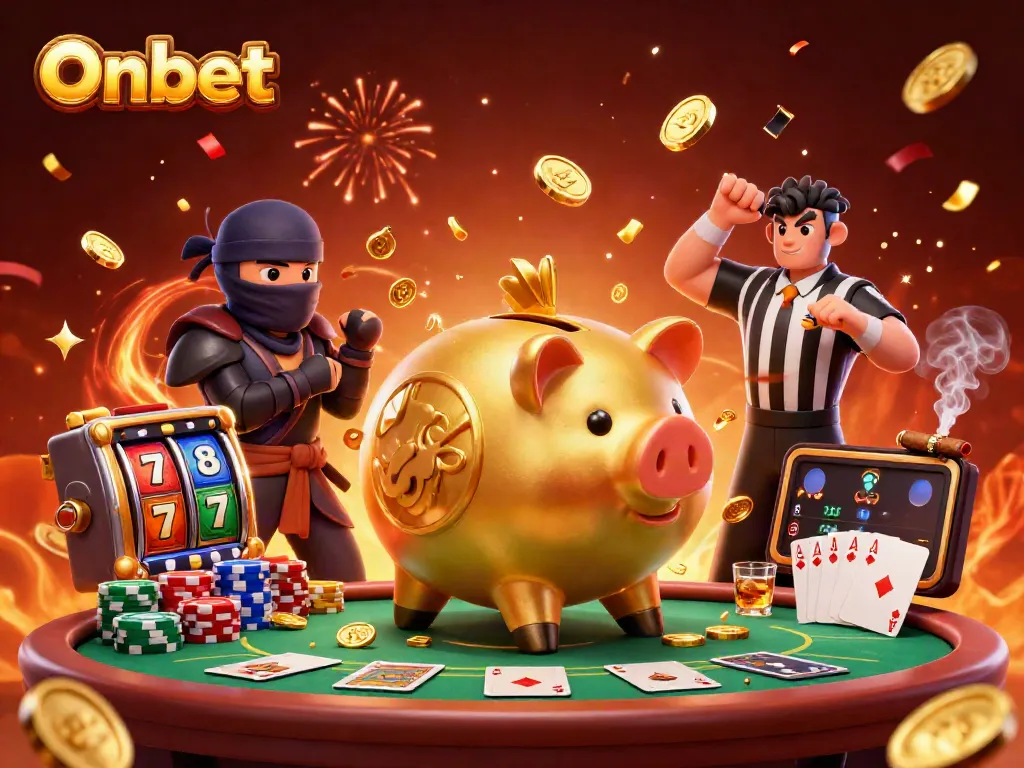 Onbet showcases a golden piggy bank sumo wrestler and characters in an exciting casino scene, full of dynamic elements.