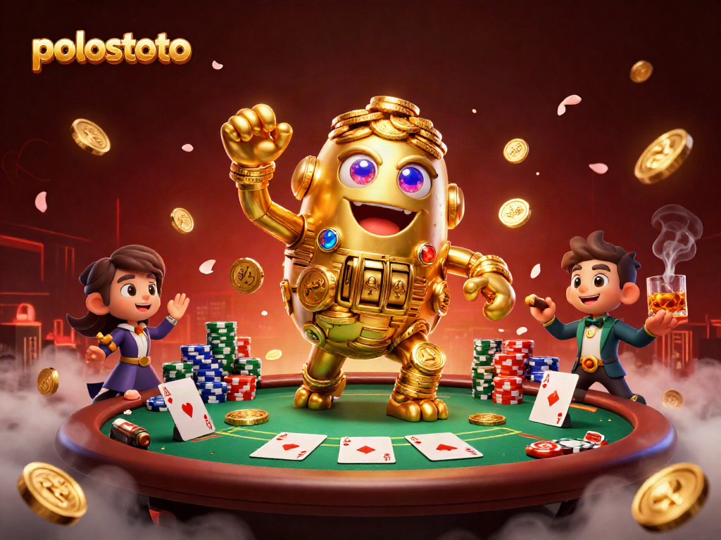 Experience the slots excitement at Polostoto with vibrant casino elements and a golden golem character.