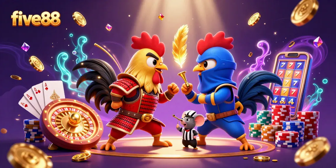 Engage in thrilling battles with five88's colorful fighting roosters in a vibrant casino scene.