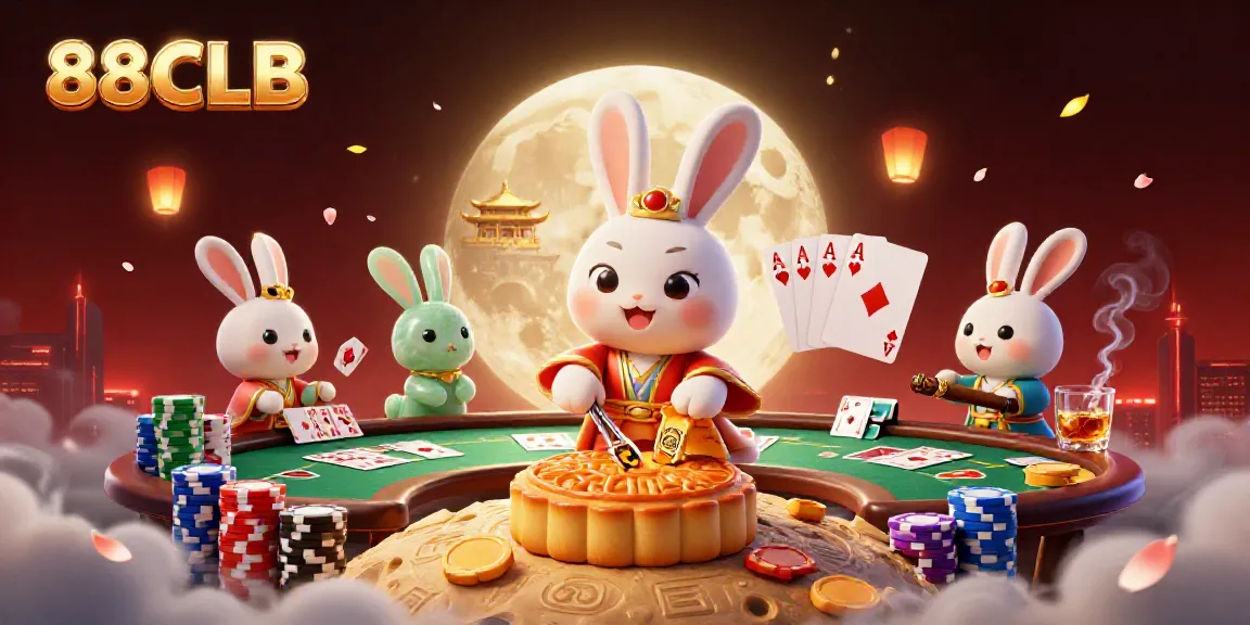 Experience the thrill of 88CLB with a 3D moon rabbit unleashing poker magic, showcasing casino elements.