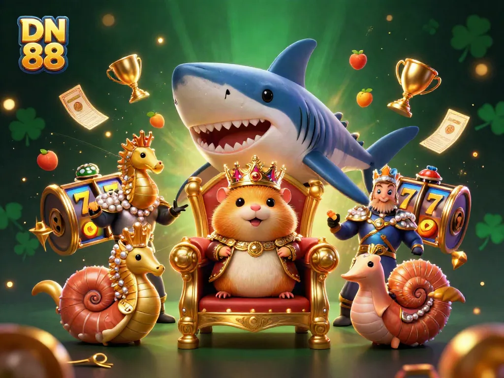Engage with DN 88 through captivating slot games in a vibrant casino setting featuring a golden hamster king.