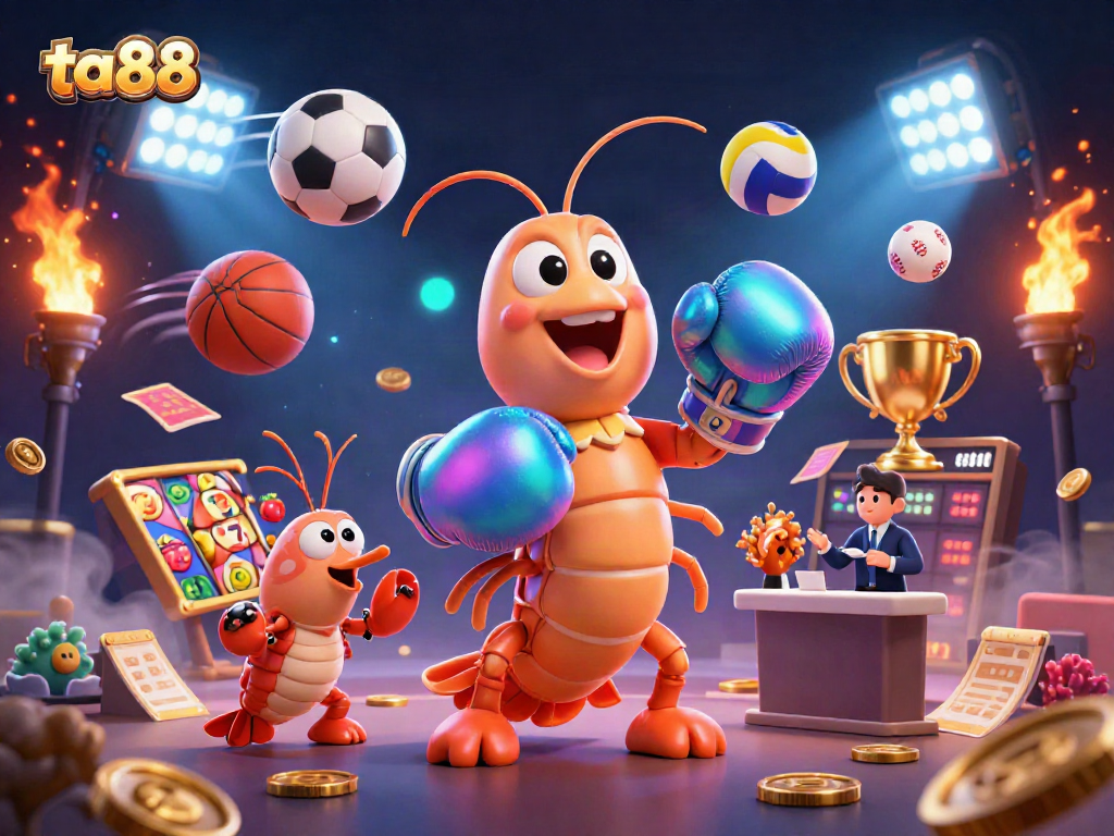 Engaging ta88 online casino scene with lively characters and dynamic sports elements.