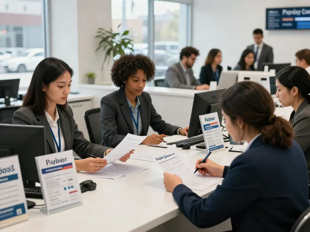 Payday Loans Co Alberta office with consultants assisting diverse clients in a modern space.