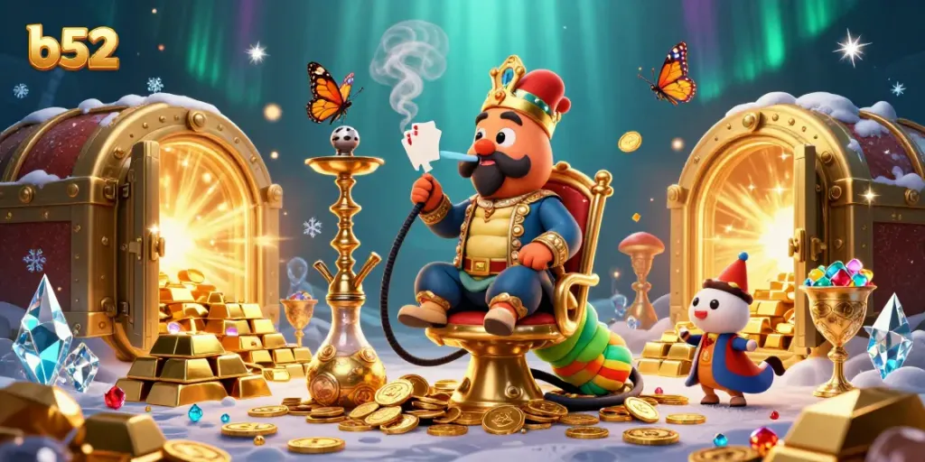 Engage in thrilling poker hands at b52 with a vibrant 3D casino scene featuring a cartoon hookah-master.