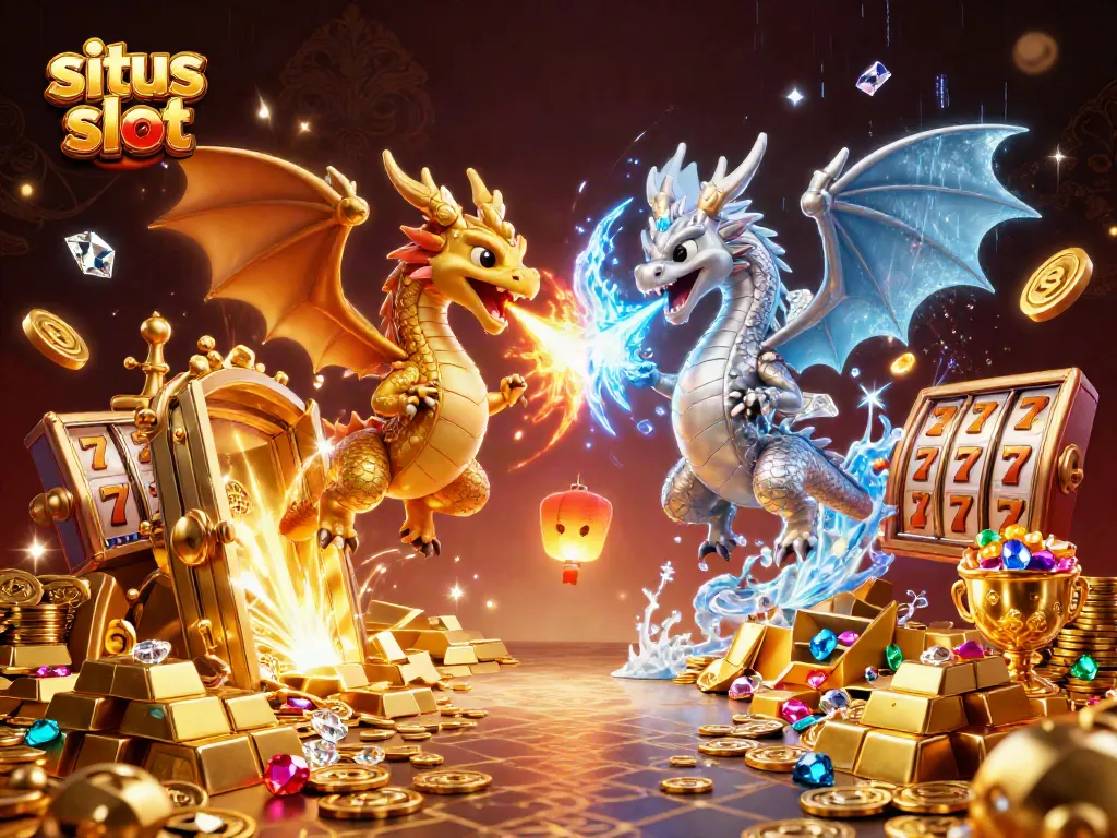 Experience situs slot action with twin 3D dragons and dynamic casino elements in a vibrant illustration.