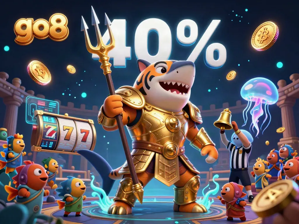 Experience exciting action with go8 as a tiger shark in gladiator armor battles in a thrilling underwater casino scene.