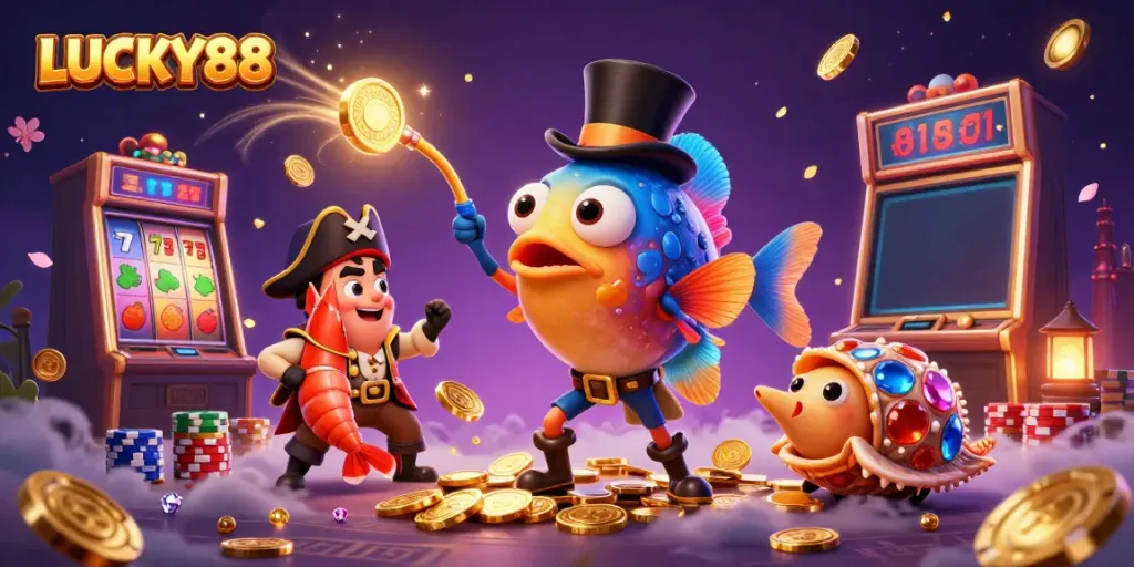 Join the excitement at LUCKY88 with a vibrant 3D scene of wins and treasure!