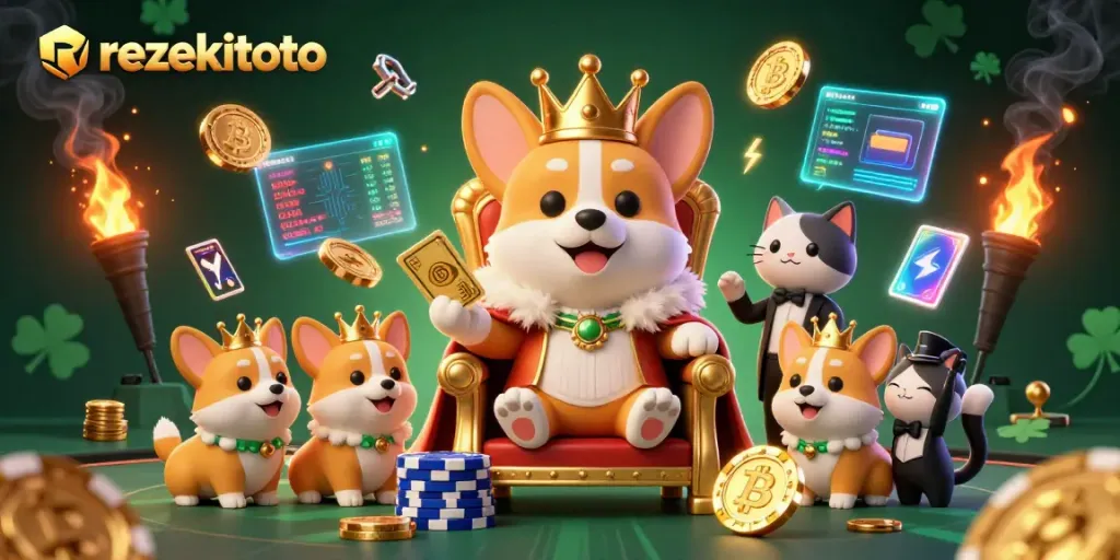 Play exciting games at rezekitoto with the royal corgi surrounded by crypto coins and dynamic casino elements