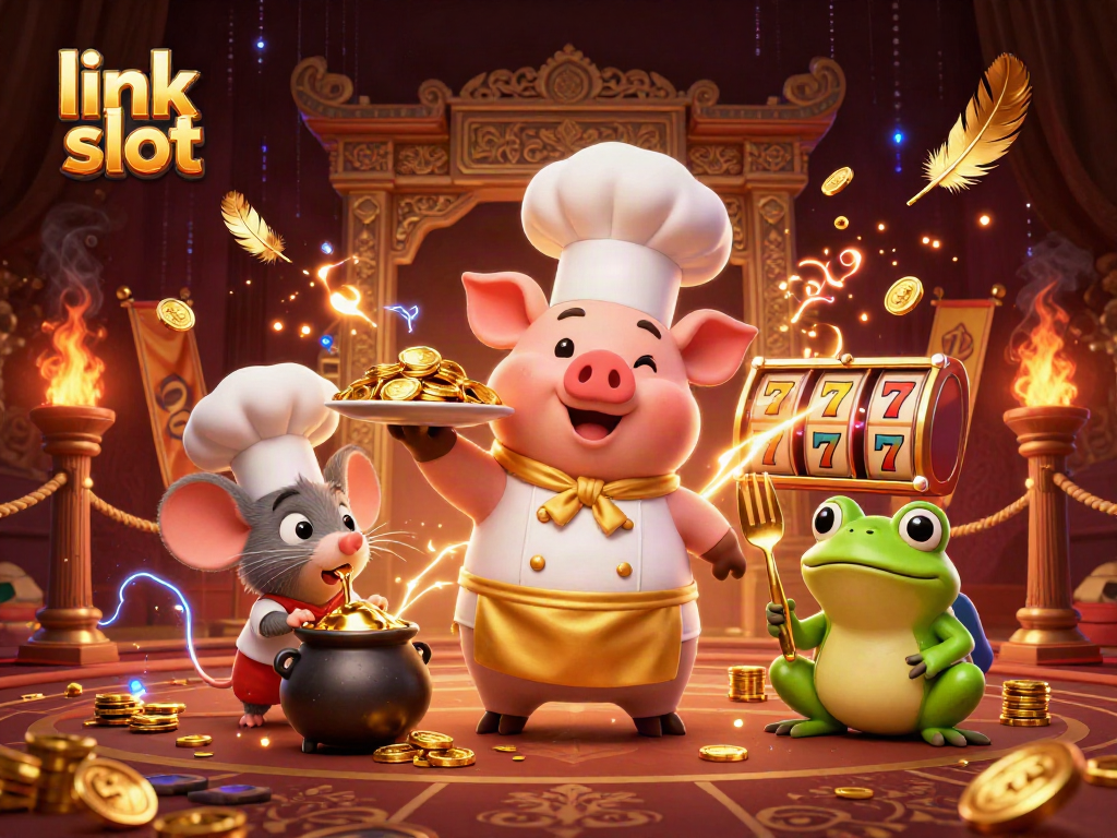 Experience the thrill of link slot gaming with vibrant characters and rich casino elements.