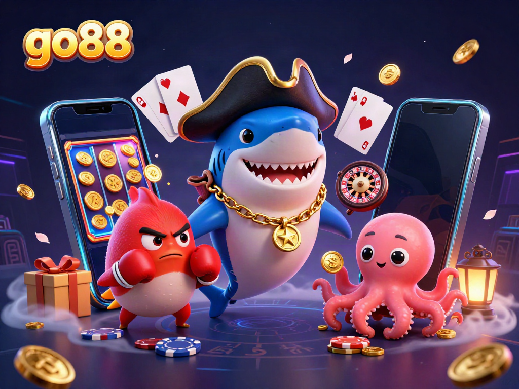 Experience the thrill of go88 with a lively 3D gambling scene featuring playful sea creatures and casino elements.