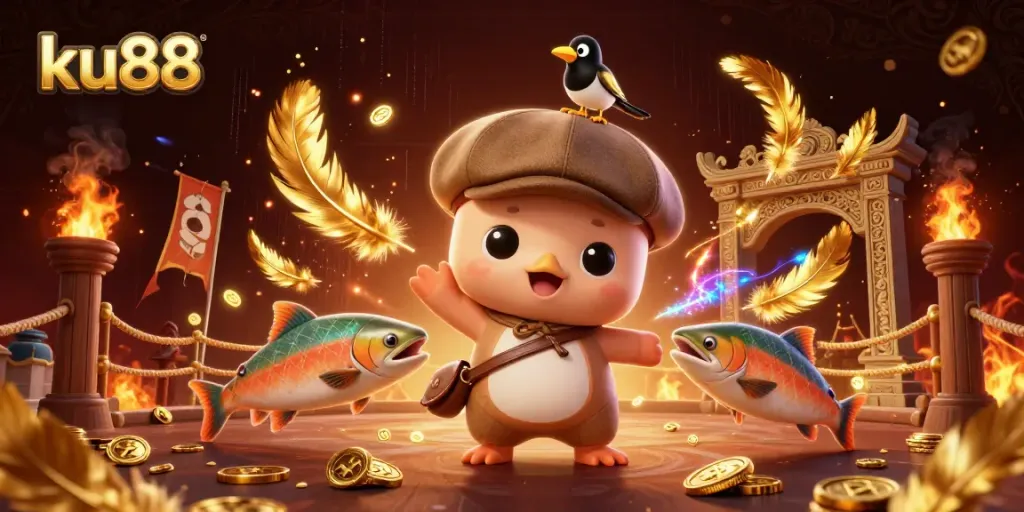 ku88 provides exciting gaming experiences with a playful Nessie and whimsical casino elements in this vibrant scene.