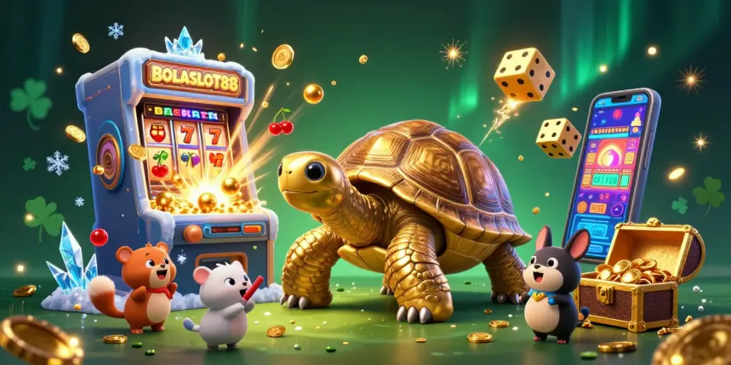 BOLASLOT88 showcases a thrilling casino scene with a golden tortoise pinball machine surrounded by winning symbols and excited characters.