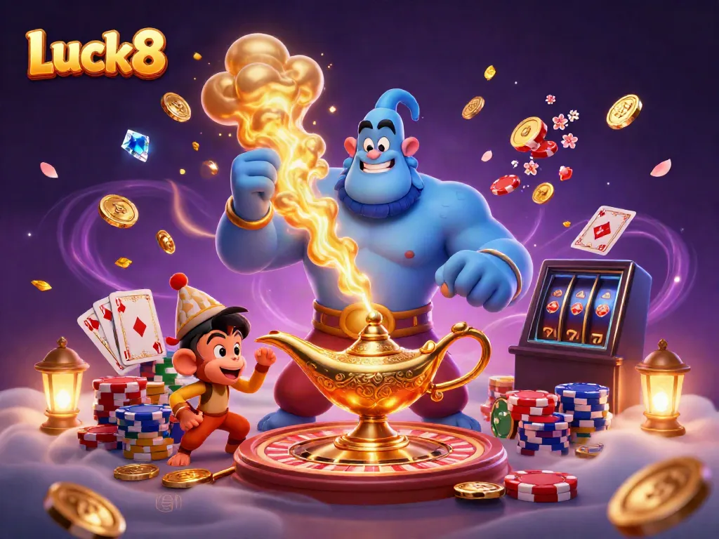 Experience Luck8 with a dynamic scene featuring a blue genie, sparkling gems, and casino elements.