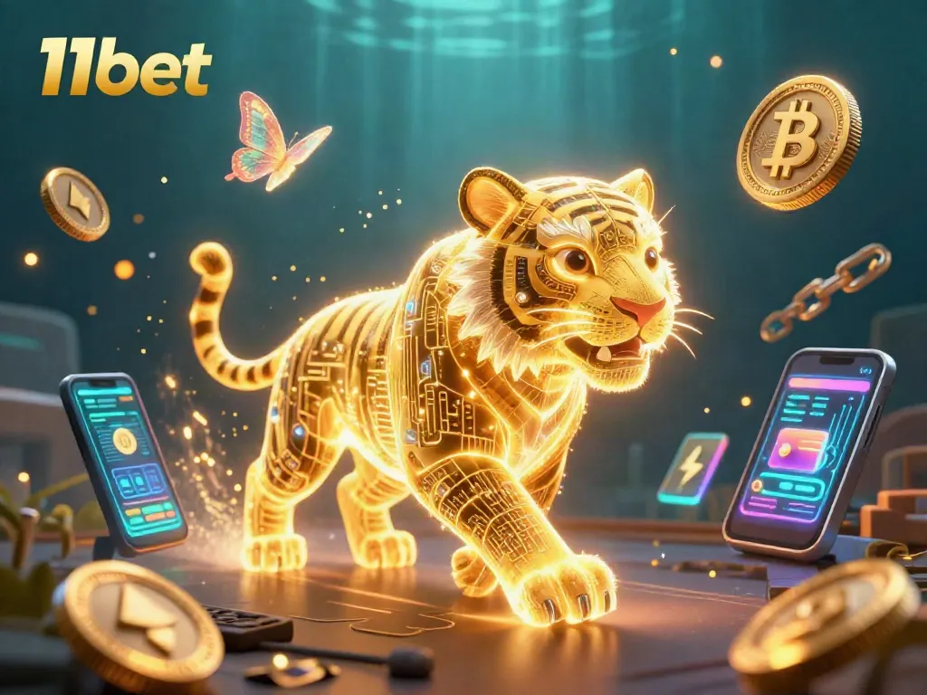 Experience thrilling action with 11bet's neon-wireframe tiger in a vibrant digital casino world.