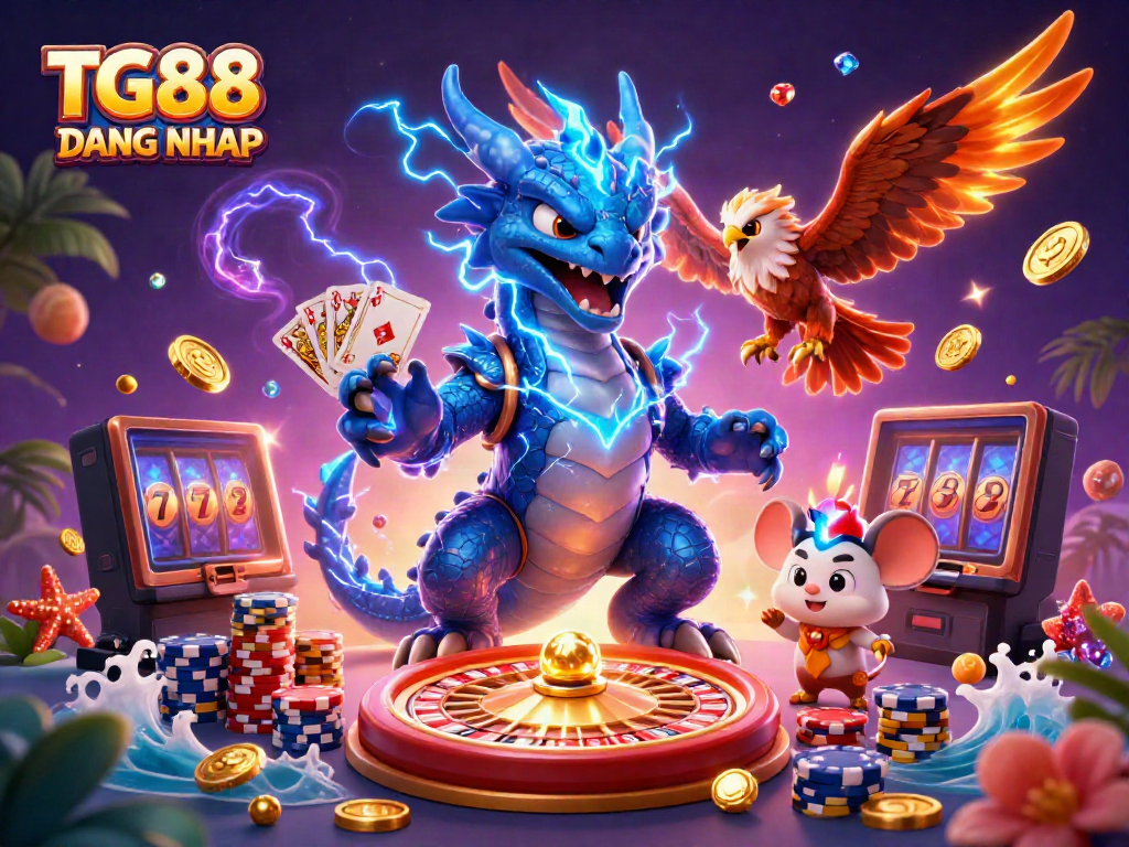 Experience thrilling gameplay with TG88 DANG NHAP as fantasy creatures share a dazzling casino scene.