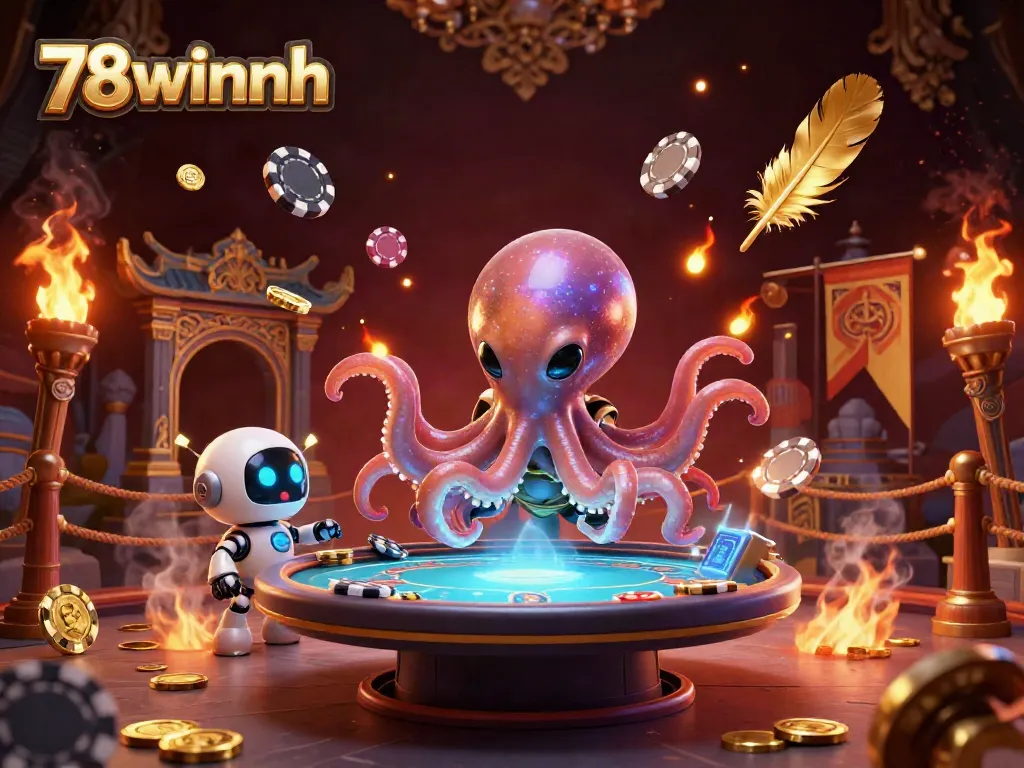 Engage in poker at 78winnh with an alien octopus in a vibrant 3D illustration featuring cosmic elements.