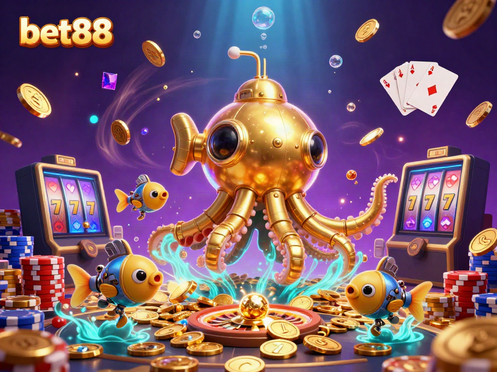 Engage with the bet88 golden kraken submarine amidst cascading coins and glamorous casino elements.