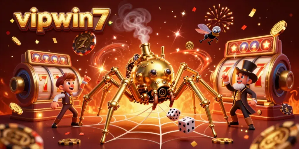 Experience thrilling wins at vipwin7 with a vibrant casino scene featuring golden spiders, slot reels, and festive confetti.