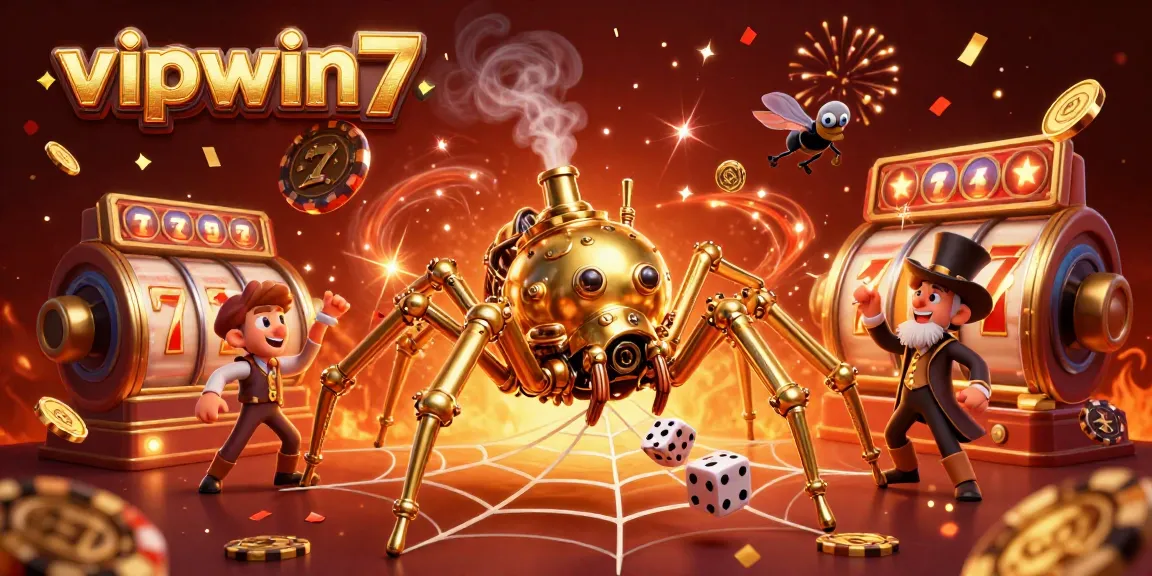 Experience thrilling wins at vipwin7 with a vibrant casino scene featuring golden spiders, slot reels, and festive confetti.