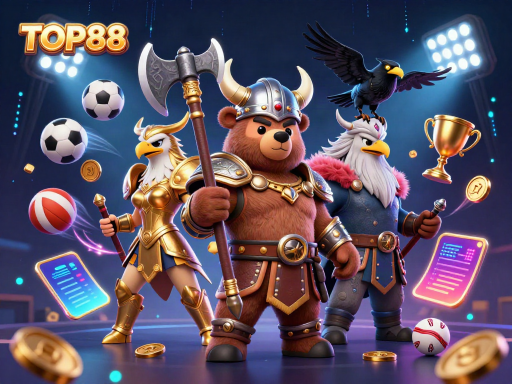 Experience the excitement of TOP88 with a mesmerizing Viking berserker bear and dynamic sports elements.