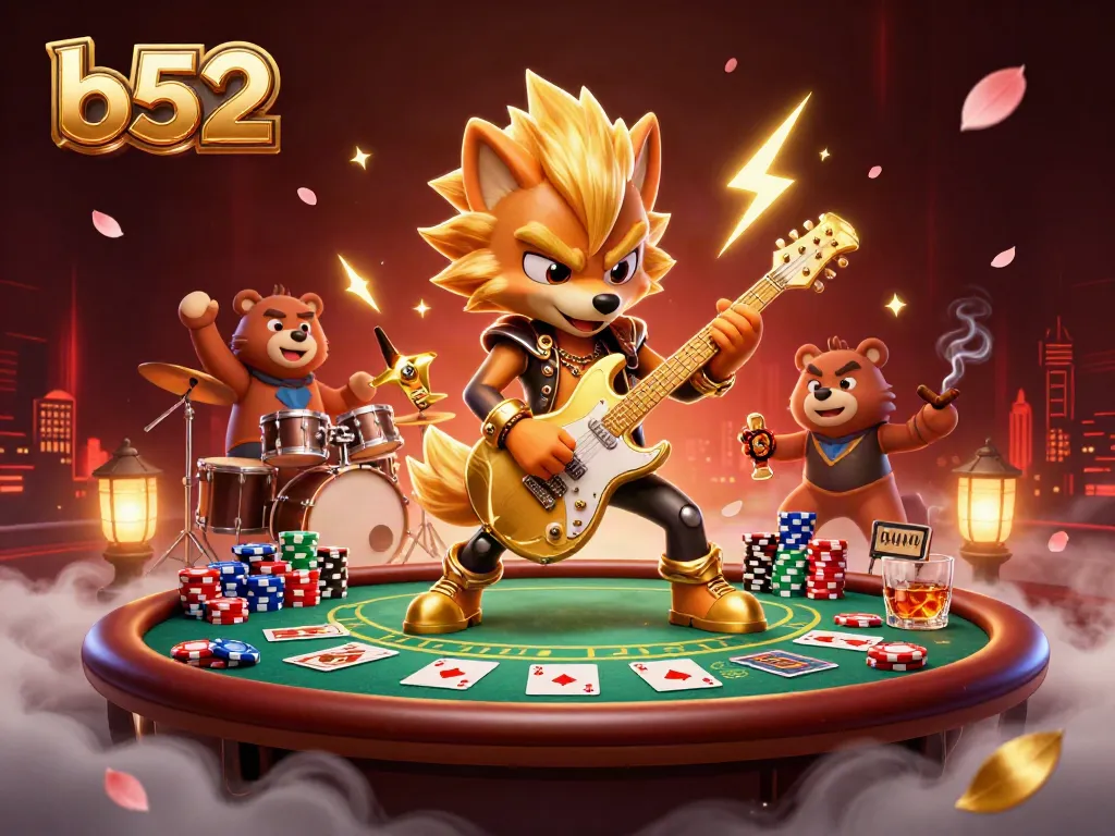 Experience thrilling gaming with b52 as a rock star wolf and drummer bear create a vibrant casino scene.