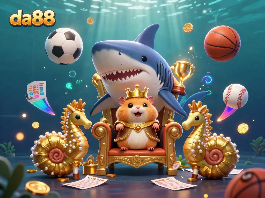 Experience thrilling betting at da88 with a fierce hamster king on his shark throne surrounded by dynamic sports elements.