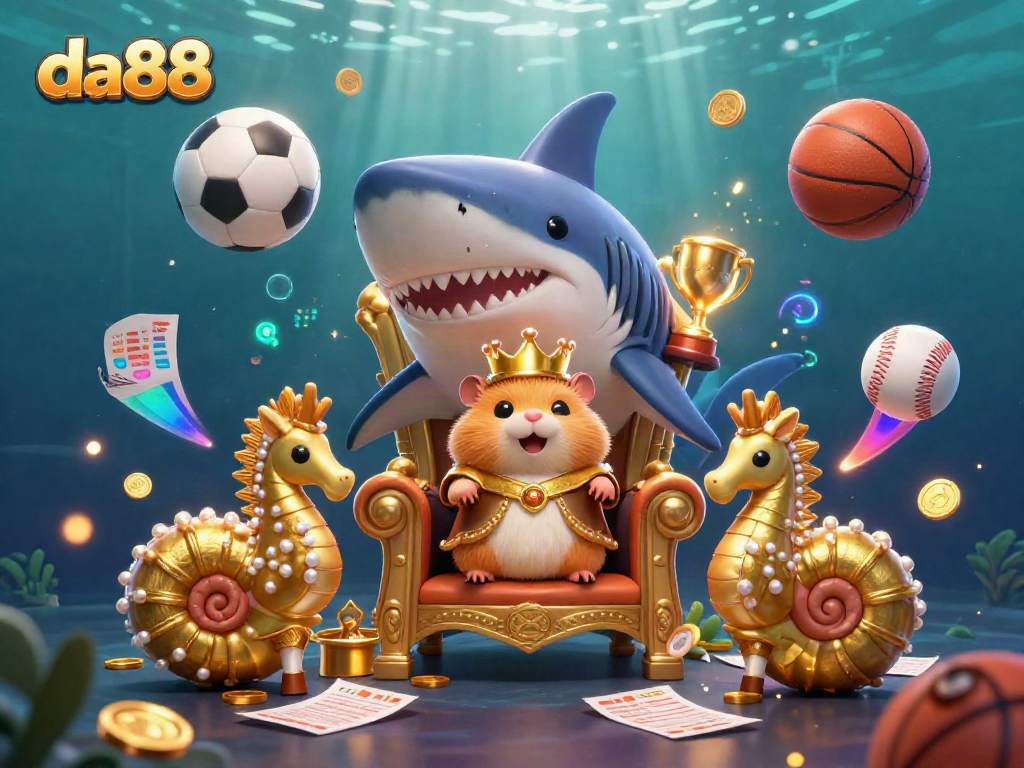 Experience thrilling betting at da88 with a fierce hamster king on his shark throne surrounded by dynamic sports elements.