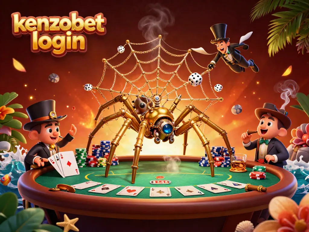 Engage with the kenzobet login scene featuring a steampunk spider and Victorian fly gentleman surrounded by vibrant poker elements.