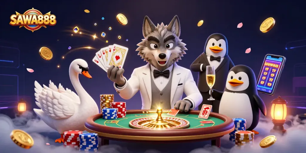 Experience exciting gameplay at SAWA888 with a vibrant 3D casino scene featuring charming characters.