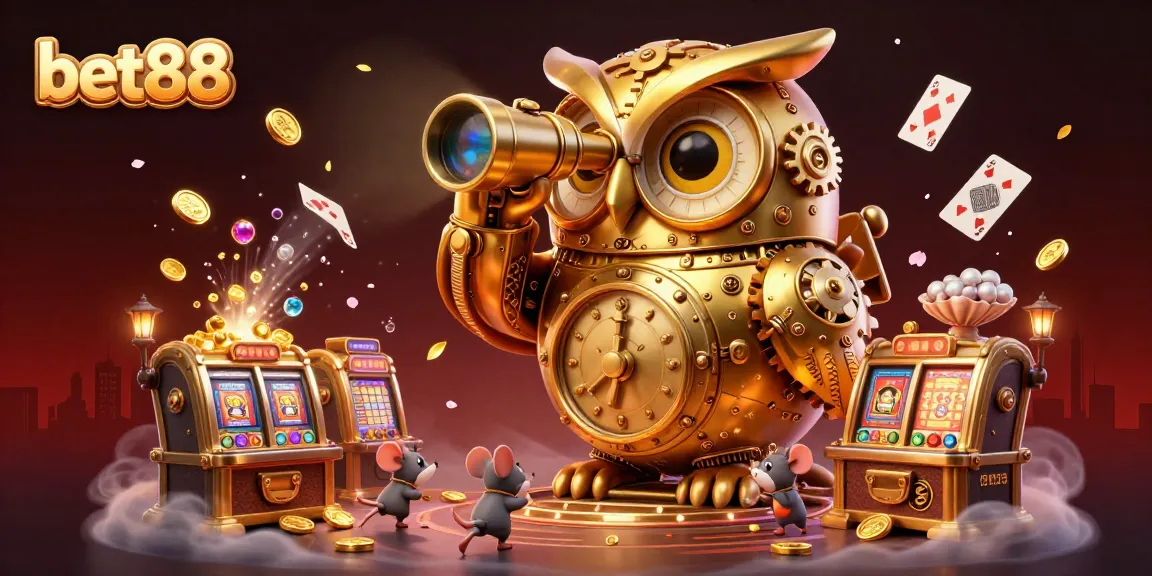 Experience the excitement at bet88 with a vibrant casino scene featuring a golden owl and whimsical characters.