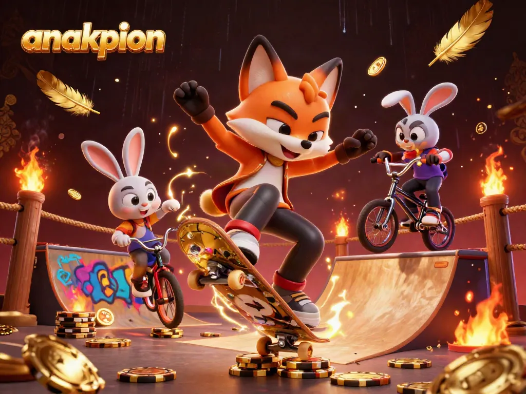 Anakpion showcases a vibrant scene with a skateboarder fox and BMX rabbit amid casino symbols and dynamic golden elements.