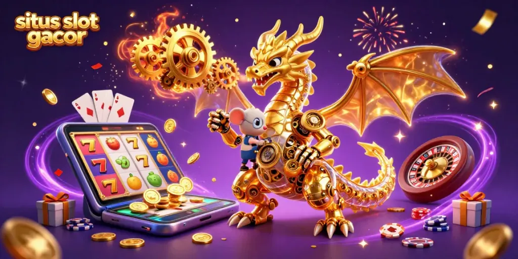 Experience the excitement of situs slot gacor with golden gears, slot reels, and vibrant casino elements.