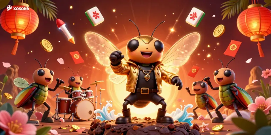 Xoso66 showcases a captivating 3D illustrated scene featuring a cicada rock star and game elements, perfect for online gambling excitement.