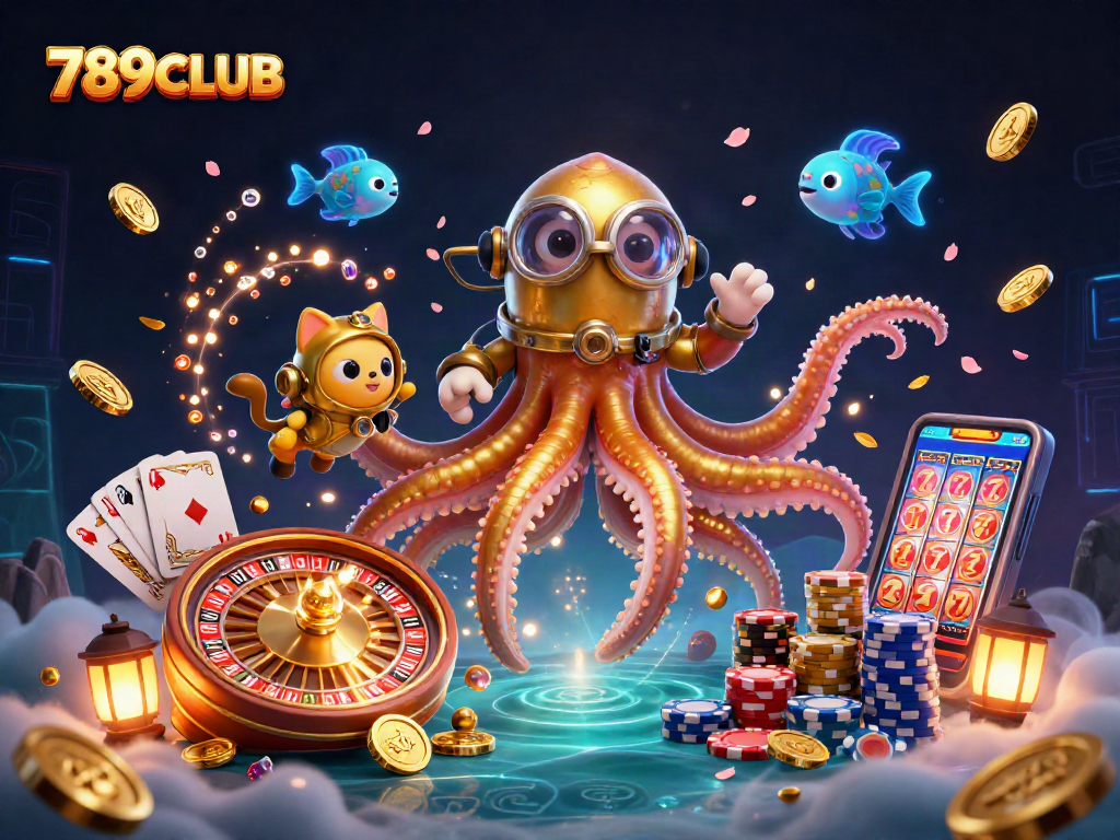 Experience thrilling gameplay with 789CLUB featuring a colossal kraken, dynamic casino elements, and vibrant graphics.