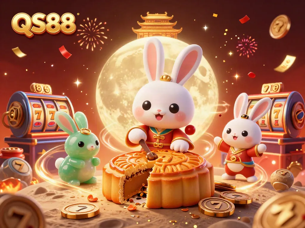 Experience the excitement of QS88 in a vibrant casino illustration featuring a moon rabbit and rich gaming elements.
