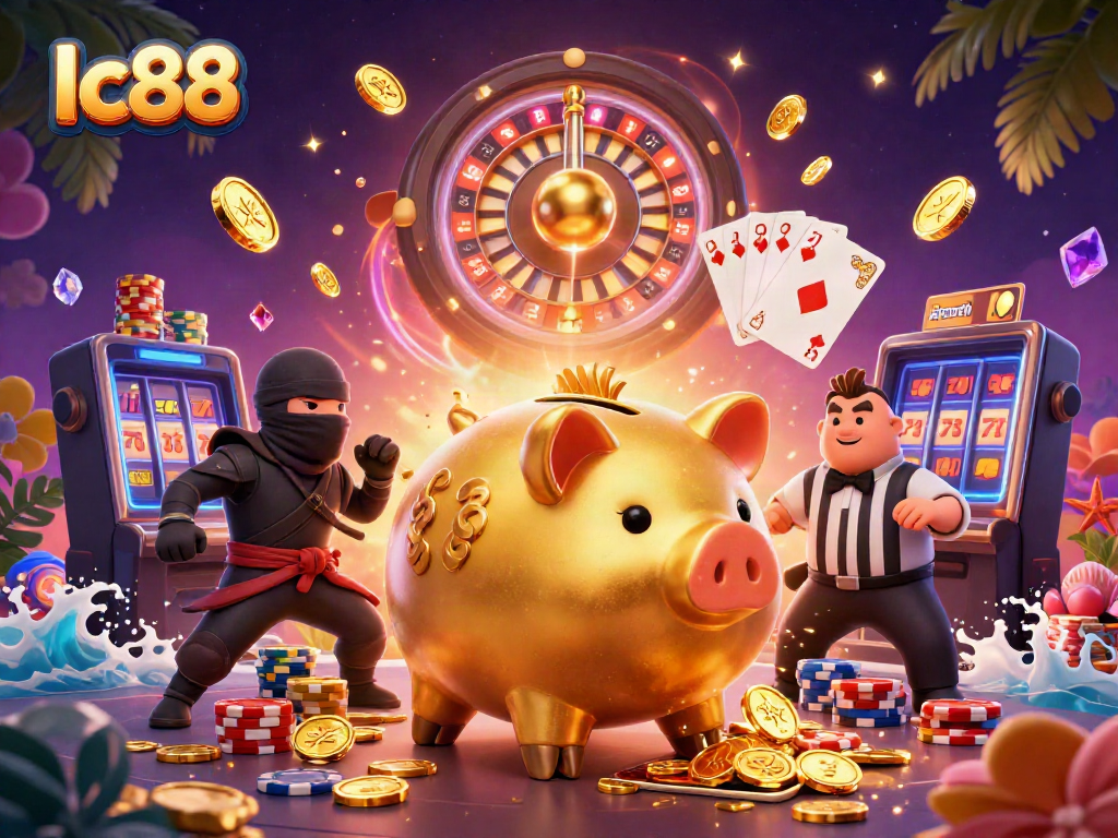 Engage with lc88 in this dynamic casino illustration featuring vibrant gaming elements.