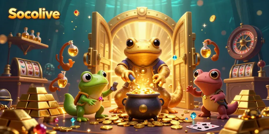 Socolive showcases an alchemist and assistants transforming metals into gold coins in a lively casino atmosphere.