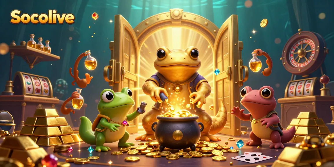 Socolive showcases an alchemist and assistants transforming metals into gold coins in a lively casino atmosphere.