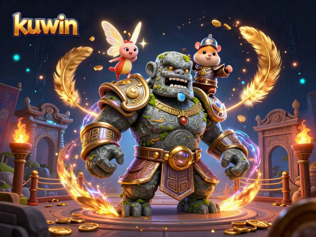 Kuwin battles in a vibrant 3D casino scene with a golem, fairy, and hamster knight.