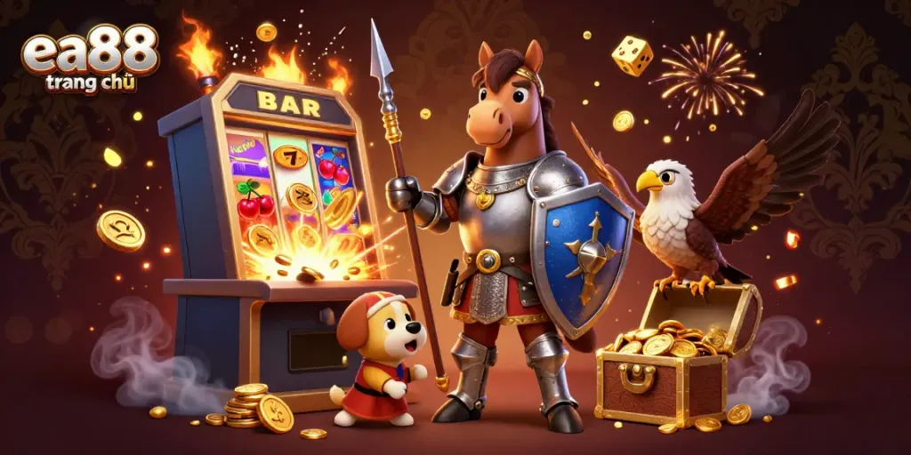 Experience thrilling gameplay at ea88 trang chủ with a vibrant scene of a knight, squire, and falcon amid a casino extravaganza.