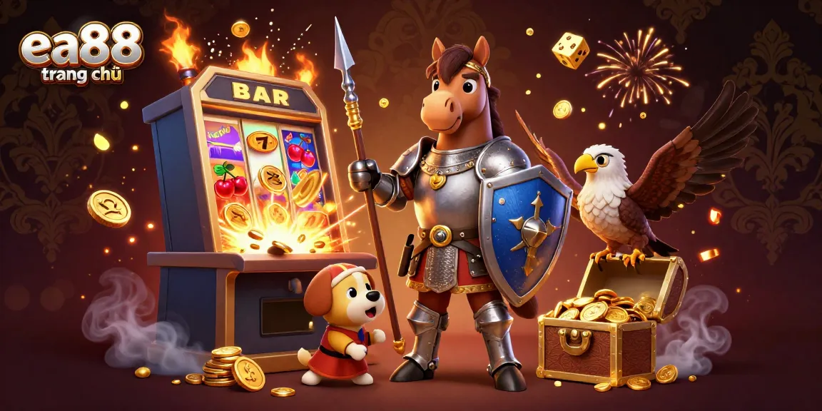 Experience thrilling gameplay at ea88 trang chủ with a vibrant scene of a knight, squire, and falcon amid a casino extravaganza.