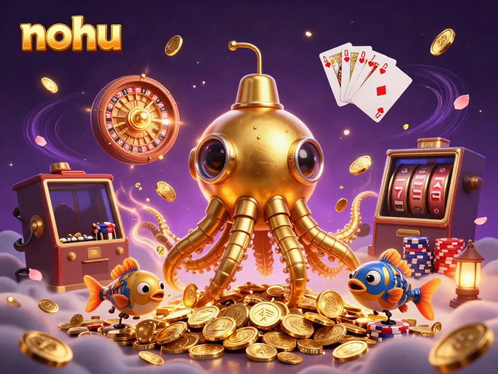 Experience the thrilling world of nohu with golden kraken surfing through coins and vibrant casino elements.
